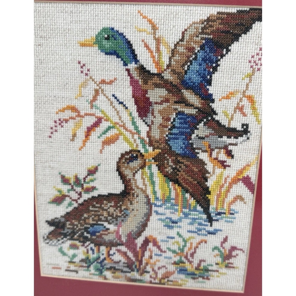 VTG Handmade‎ Mallard Ducks Cross-Stitch Matted Wood Frame Estate Sale Find - Picture 2 of 7